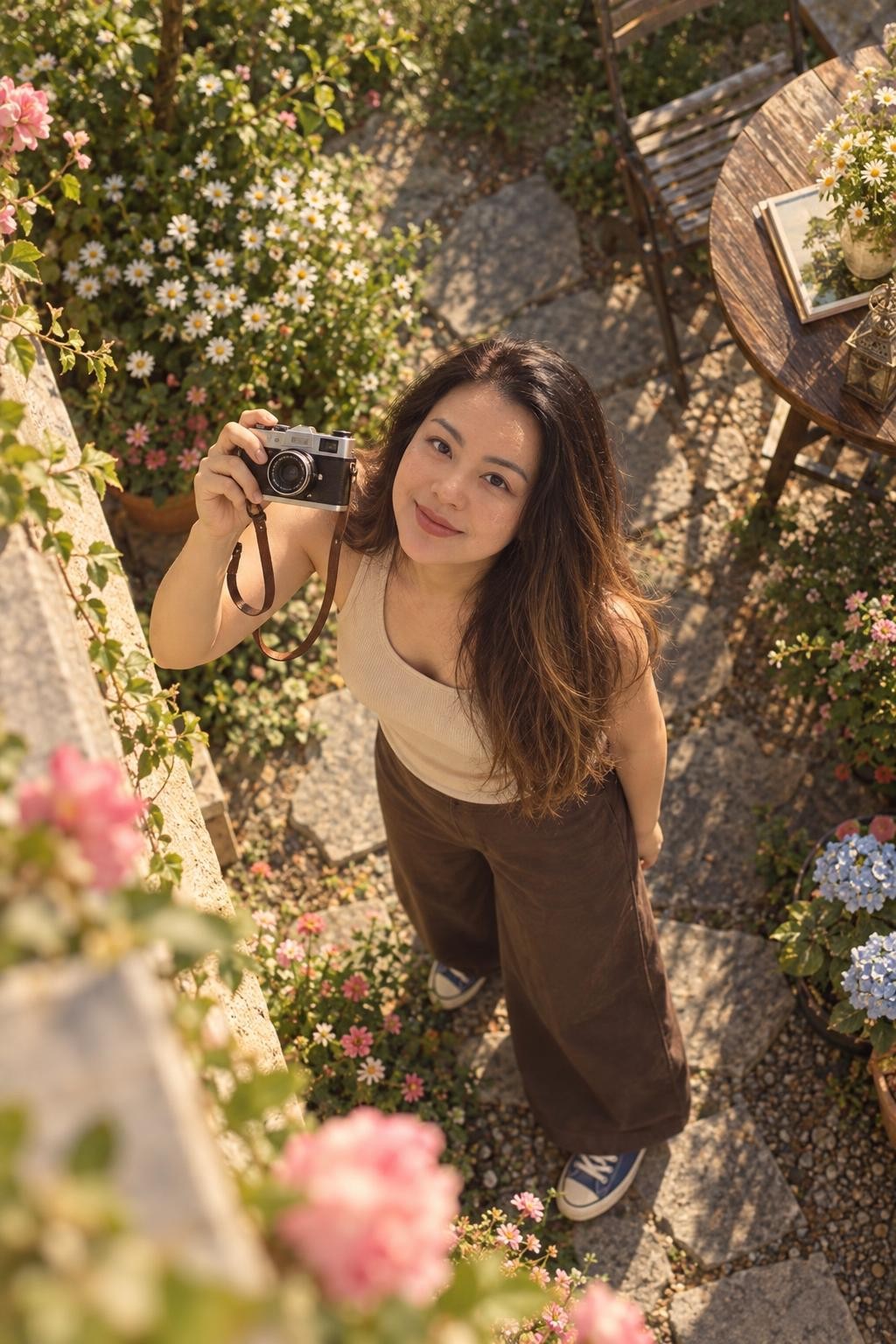 Jenny Bui holding a camera outdoors